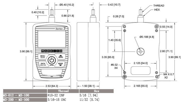 美国MAKE-10数字测力计Series3尺寸图