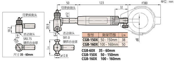 日本三丰mitutoyo短臂型内径表511-762尺寸图 